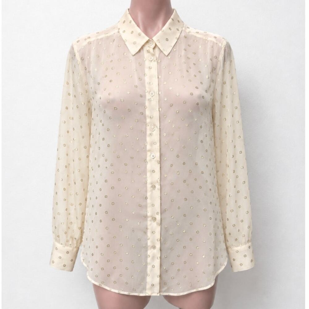 Stella McCartney Sheer Cream Gold Metallic Polka Dot Button Sheer Blouse 44 / L